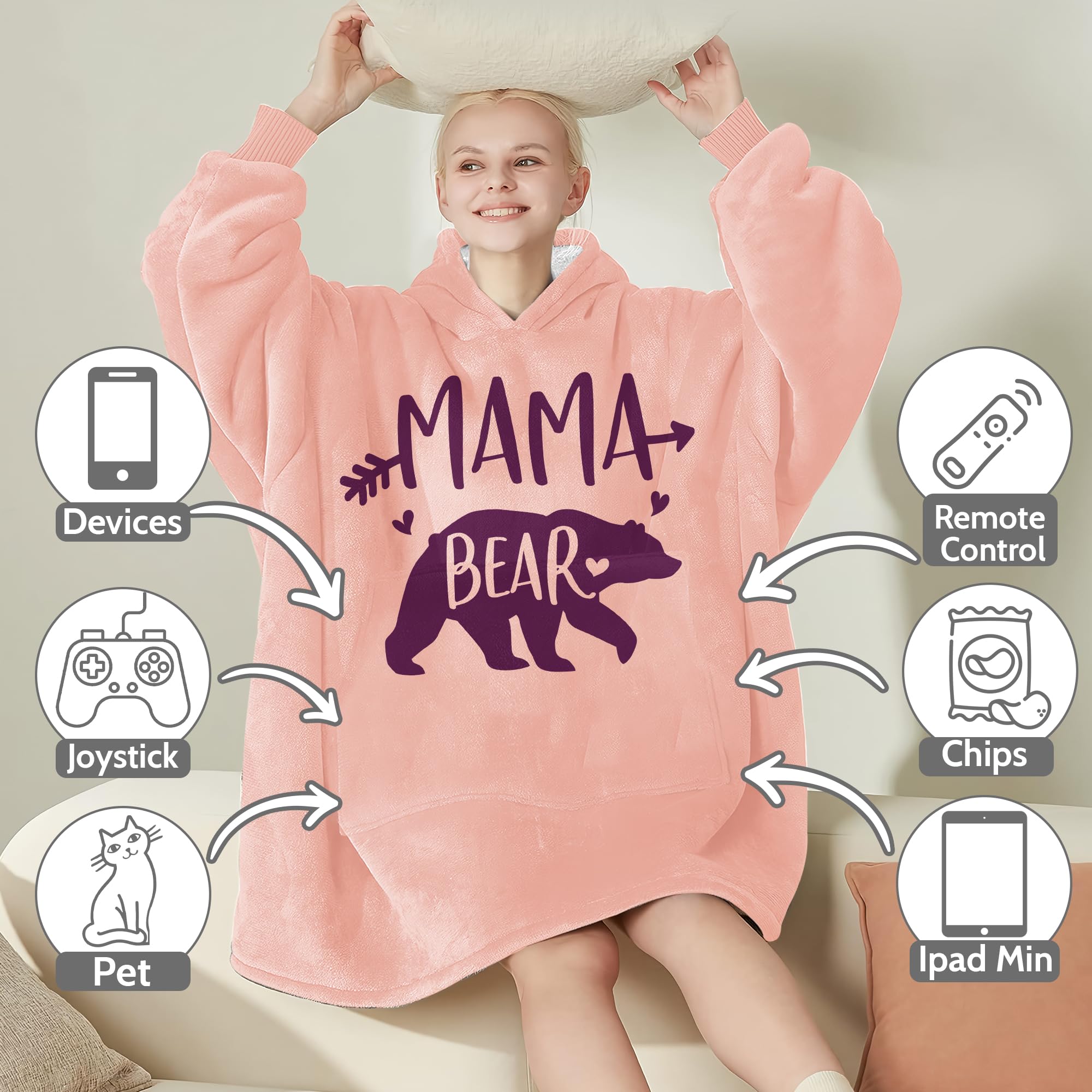 Warmstorey couverture-pull Mama Bear rose — hoodie polaire oversized, capuche et poche pour maman, cadeau chaleureux