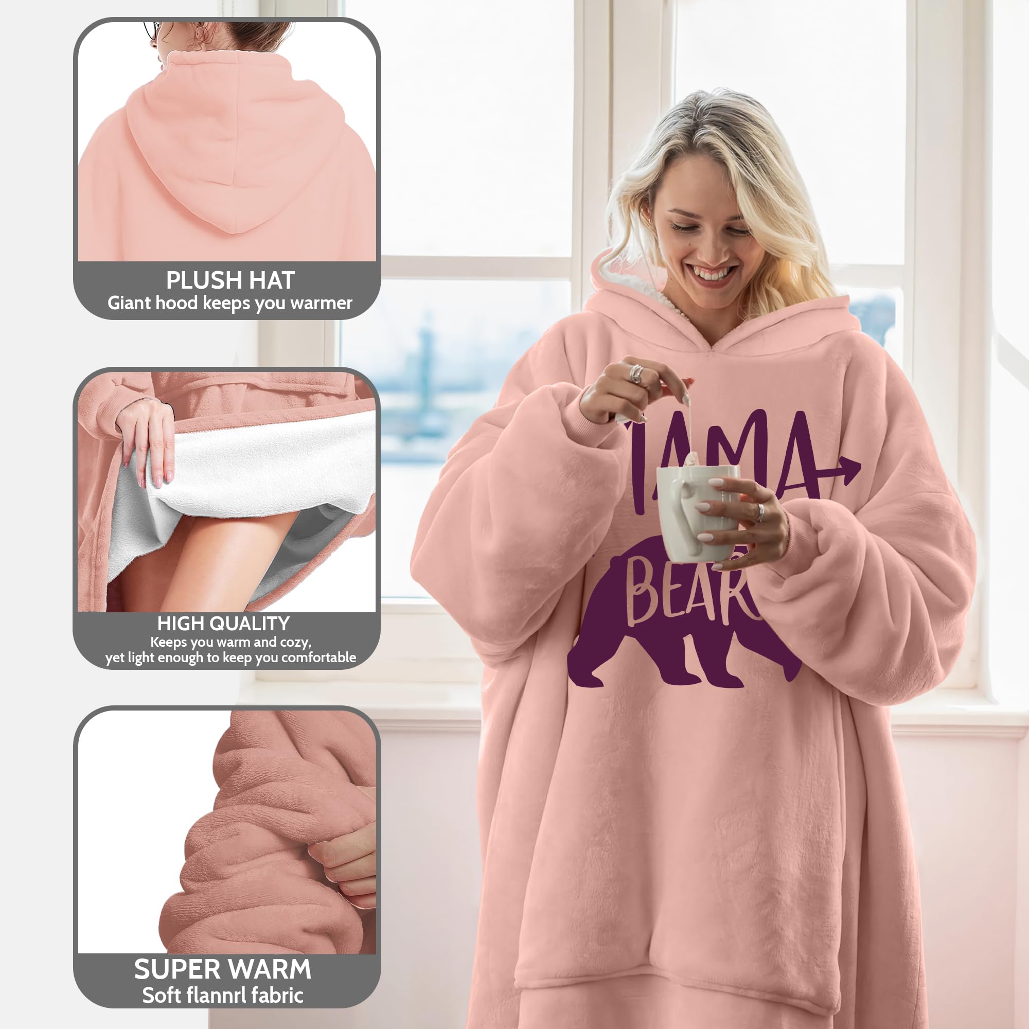 Warmstorey couverture-pull Mama Bear rose — hoodie polaire oversized, capuche et poche pour maman, cadeau chaleureux