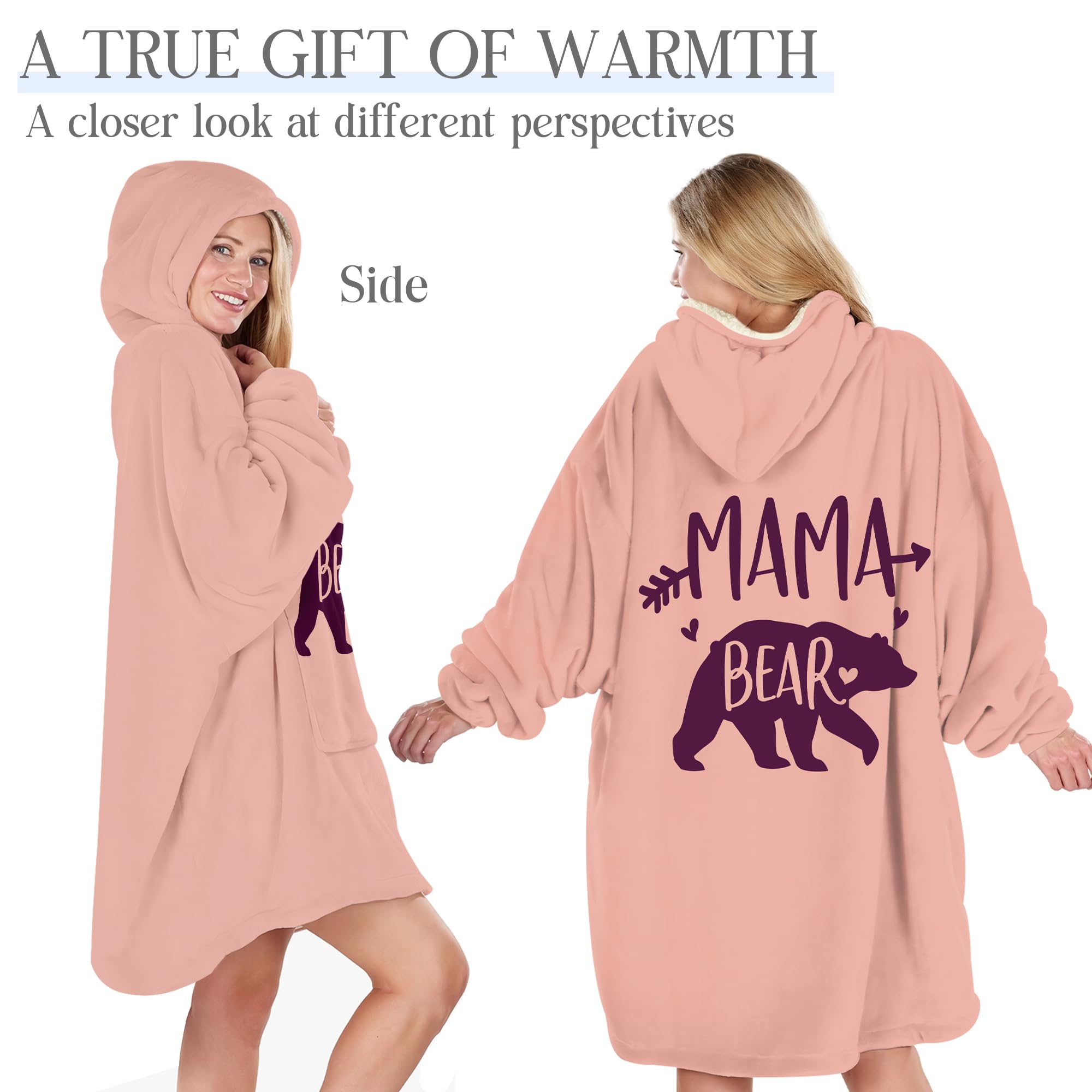 Warmstorey couverture-pull Mama Bear rose — hoodie polaire oversized, capuche et poche pour maman, cadeau chaleureux