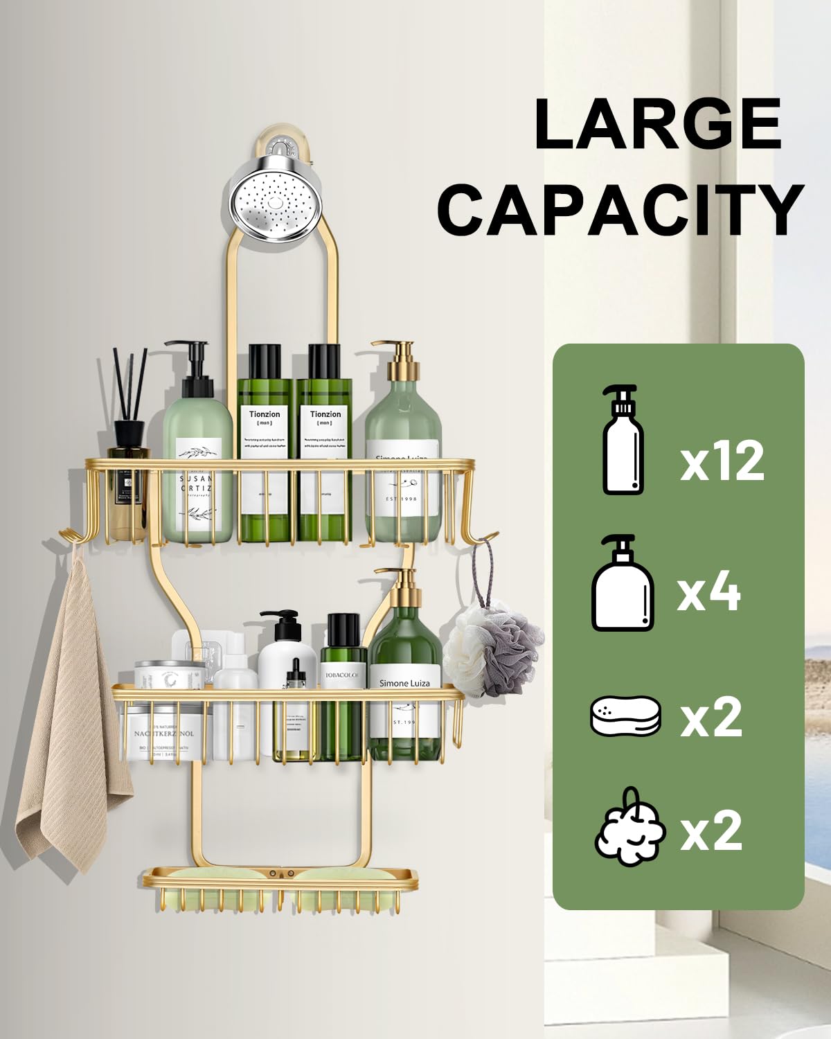 Rangement MSAICOE rempli de flacons et accessoires de douche