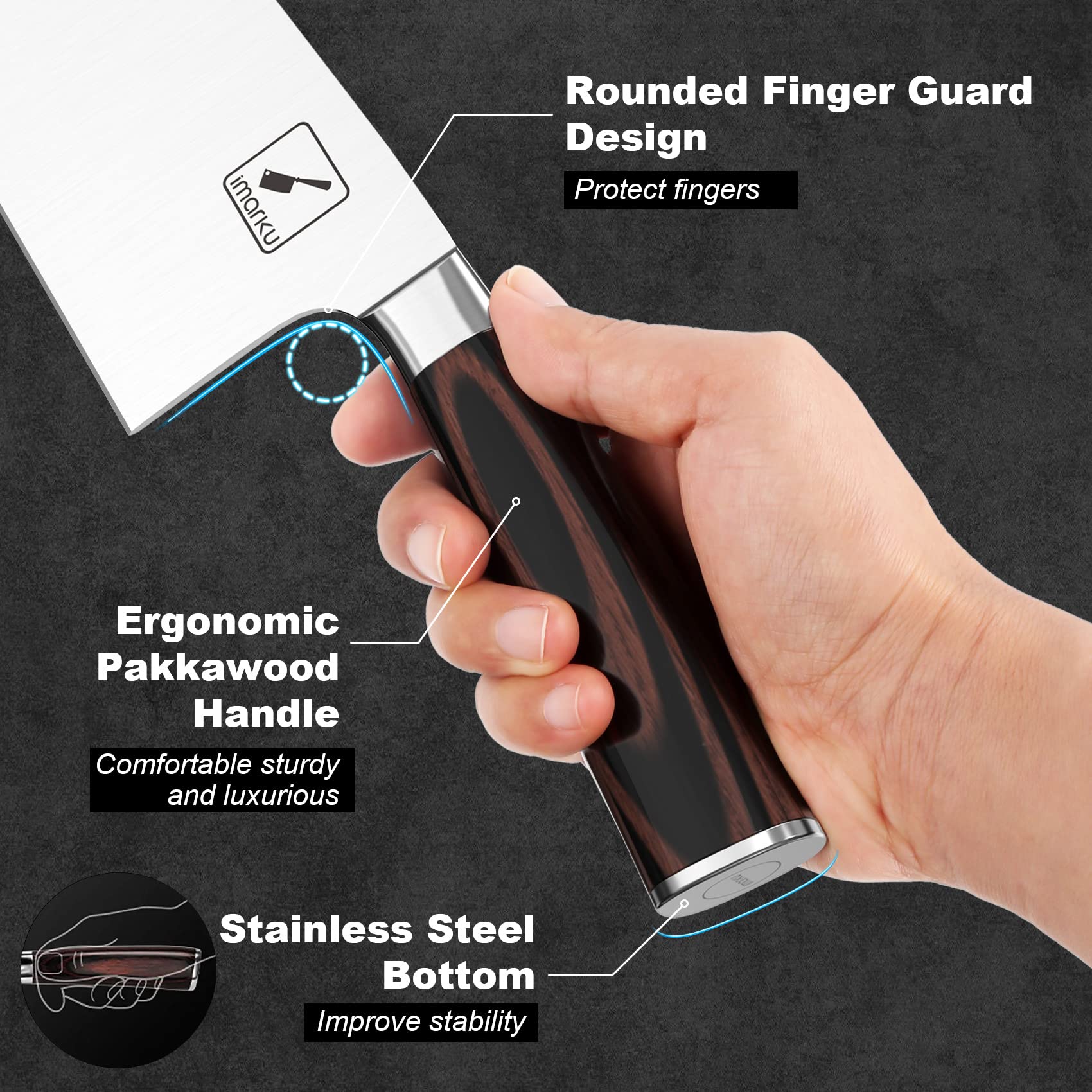 imarku manche pakkawood détaillé, prise ergonomique et confort prolongé