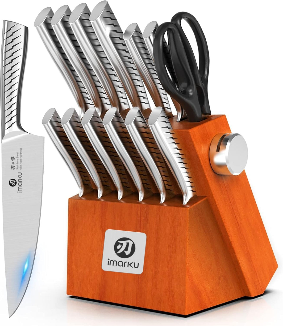 imarku coffret face avant montrant tous les couteaux et bloc, organisation pratique