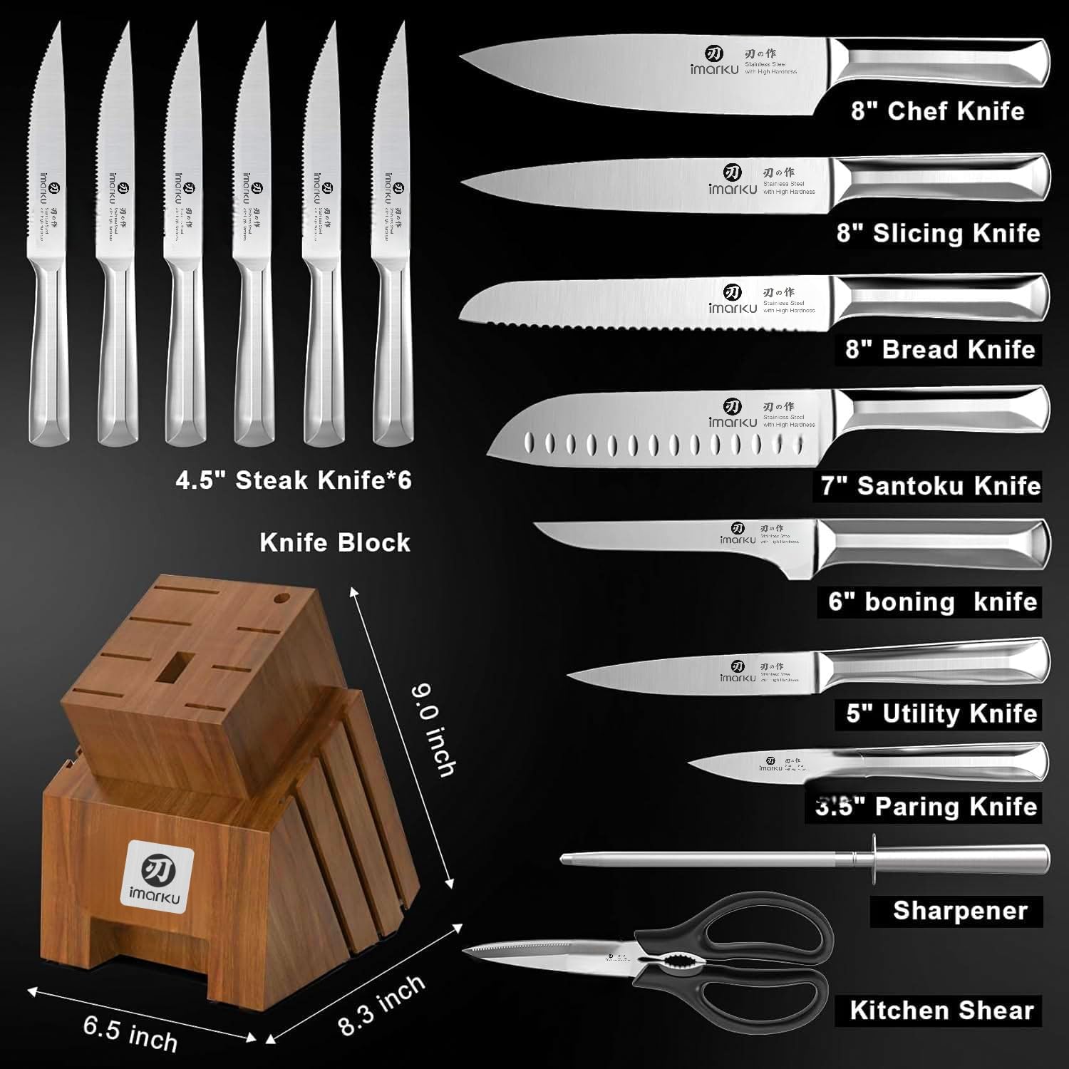 imarku jeu couteaux steak focus lames crantées pour trancher facilement viandes