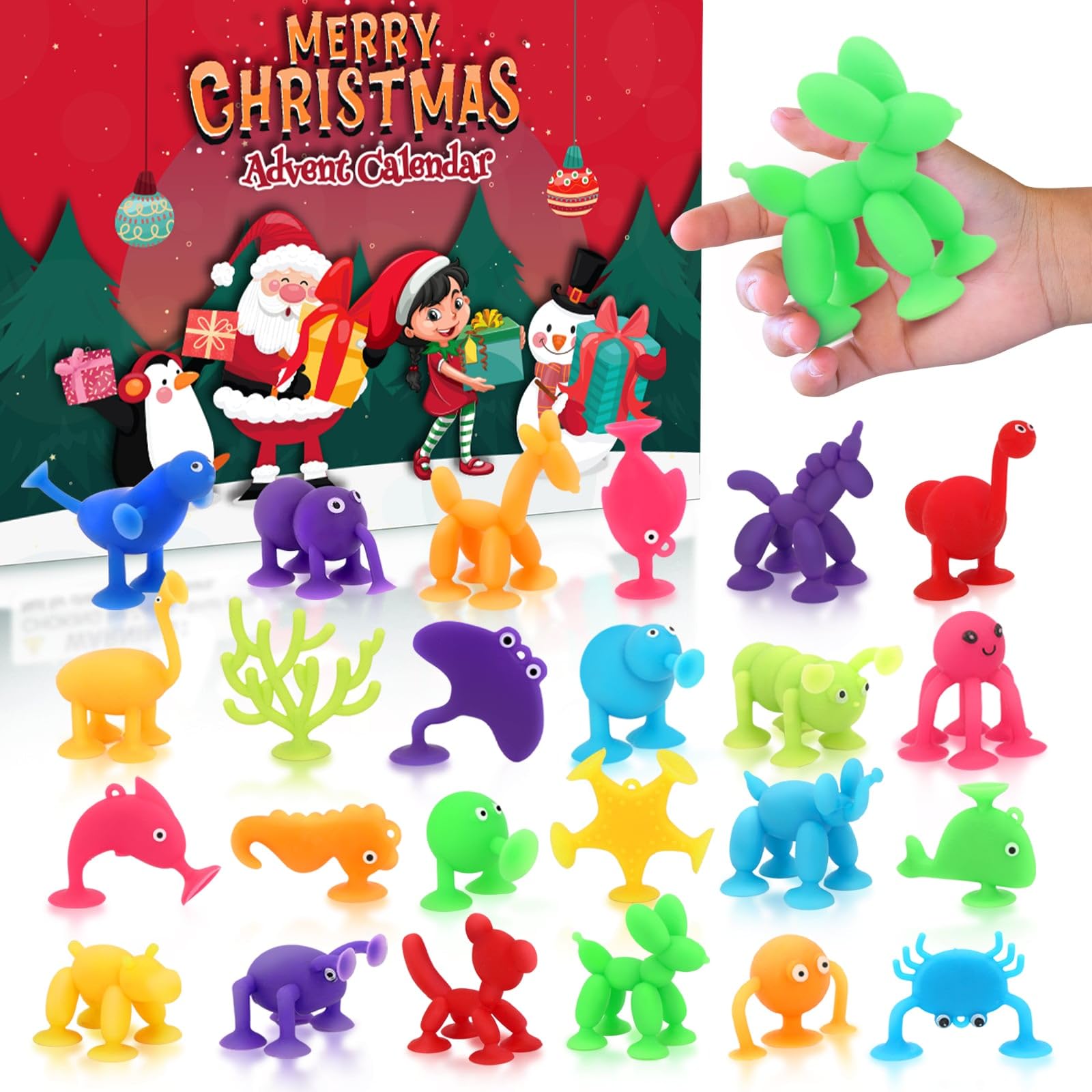 Imdroi boîte ouverte montrant 24 jouets à ventouse, surprenant et festif