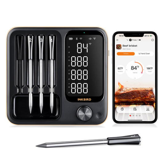 Inkbird thermomètre vue avant avec base et écran lisible montrant toutes les lectures