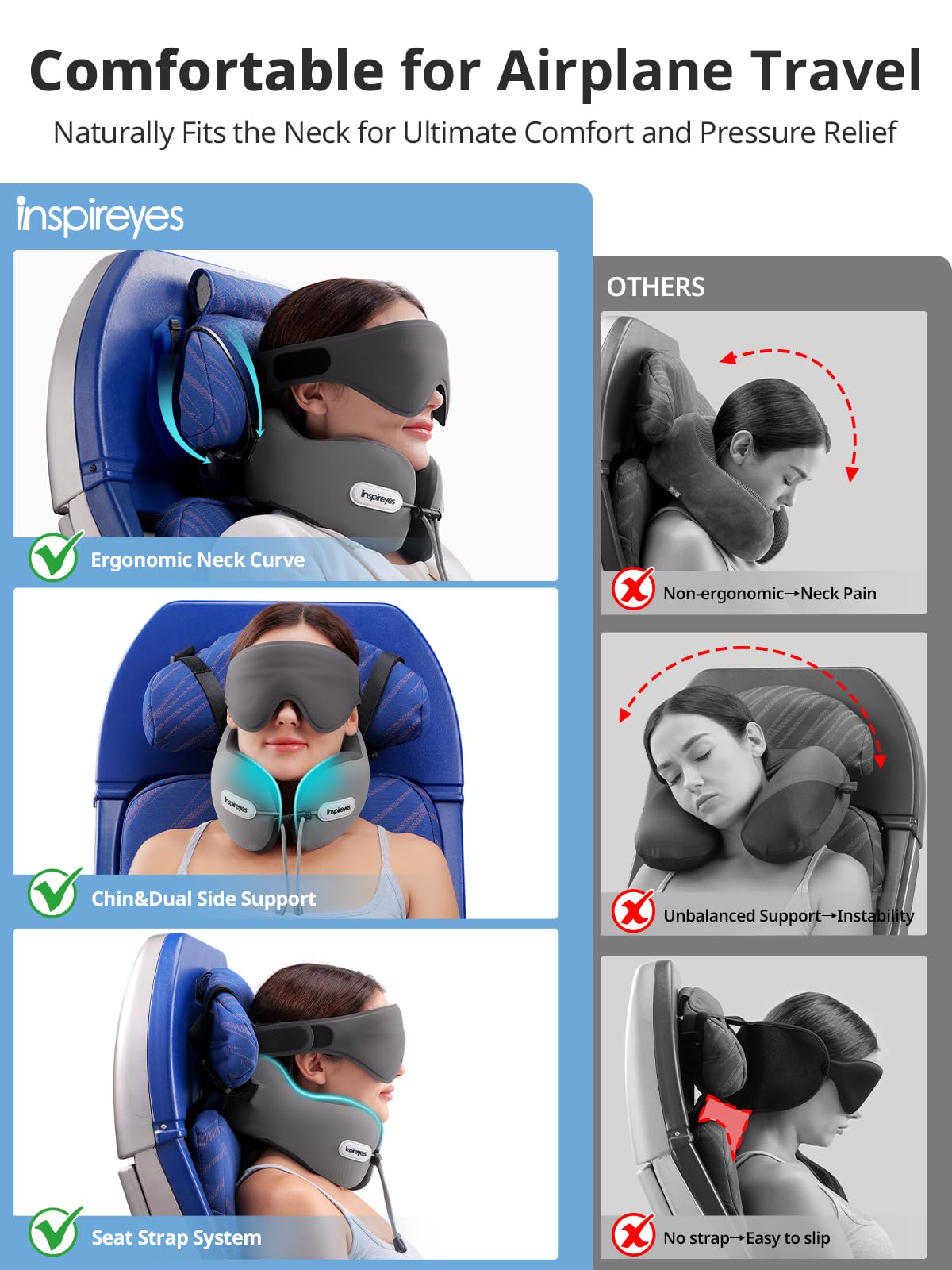 Inspireyes masque oculaire 3D fixé au coussin pour blocage lumière