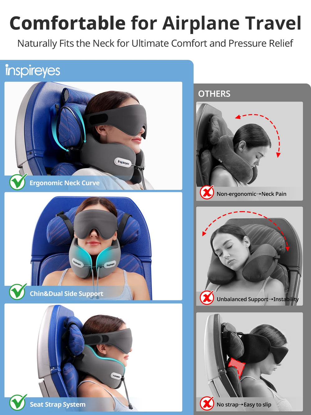 Inspireyes masque oculaire 3D fixé au coussin pour blocage lumière