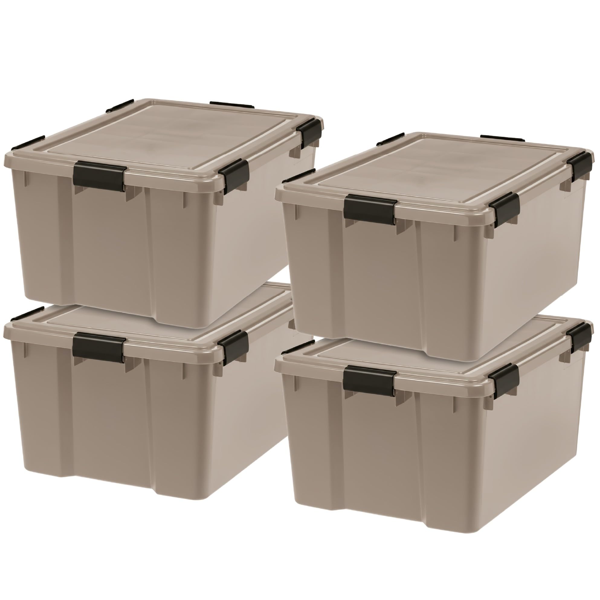 IRIS USA vue de face du bac 63 Qt tan avec couvercle, protection et rangement visible
