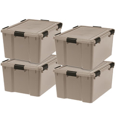 IRIS USA vue de face du bac 63 Qt tan avec couvercle, protection et rangement visible