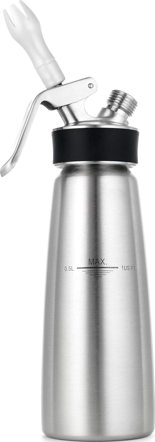 iSi Cream Profi Whip vue de face montrant le corps en inox et la tête durable