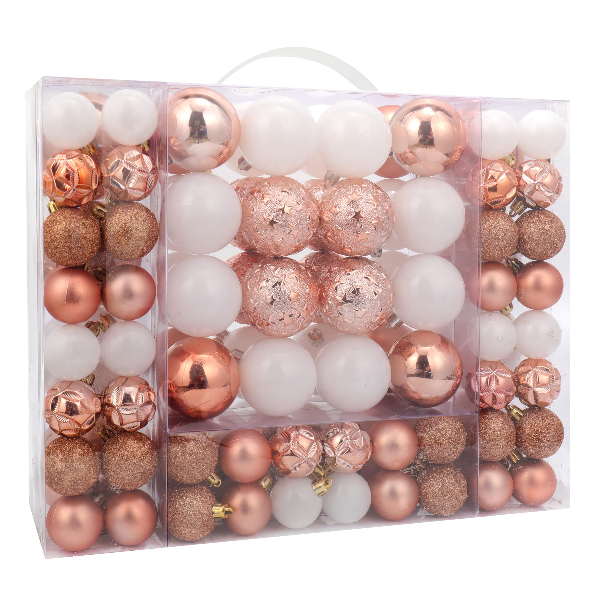 ISULIFE boîte ouverte montrant 87 ornements rose gold, rangement pratique