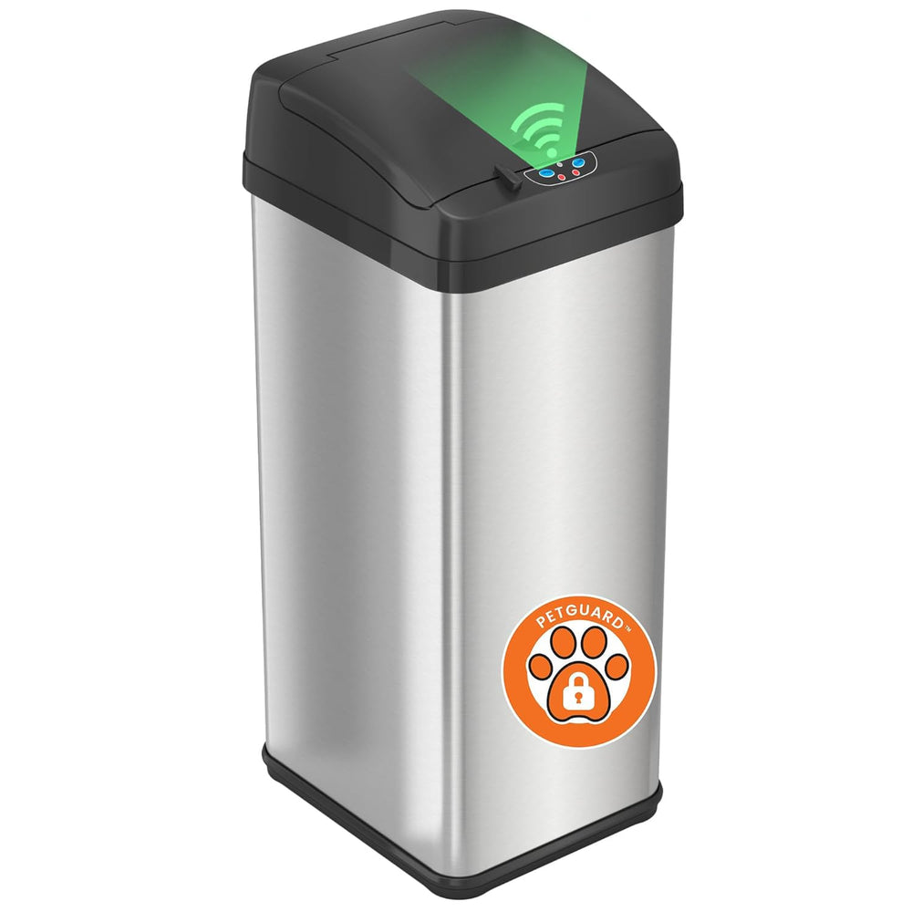 iTouchless vue de face montrant la finition inox et l'ouverture sans contact, design hygiénique