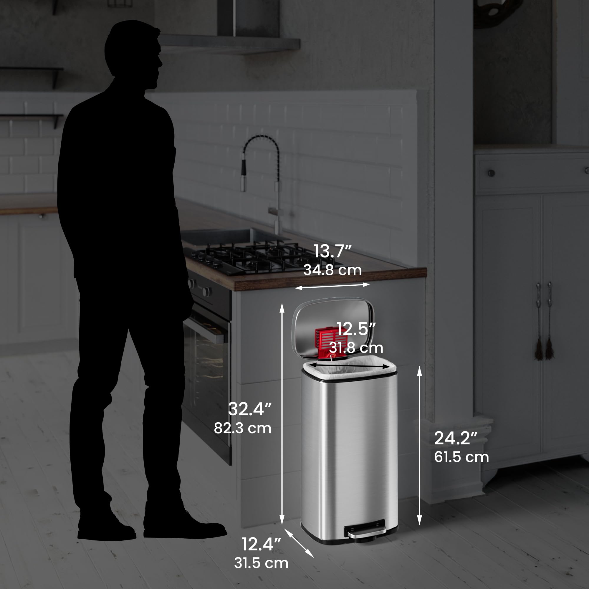 iTouchless comparaison d'échelle montrant dimensions compactes et gain de place