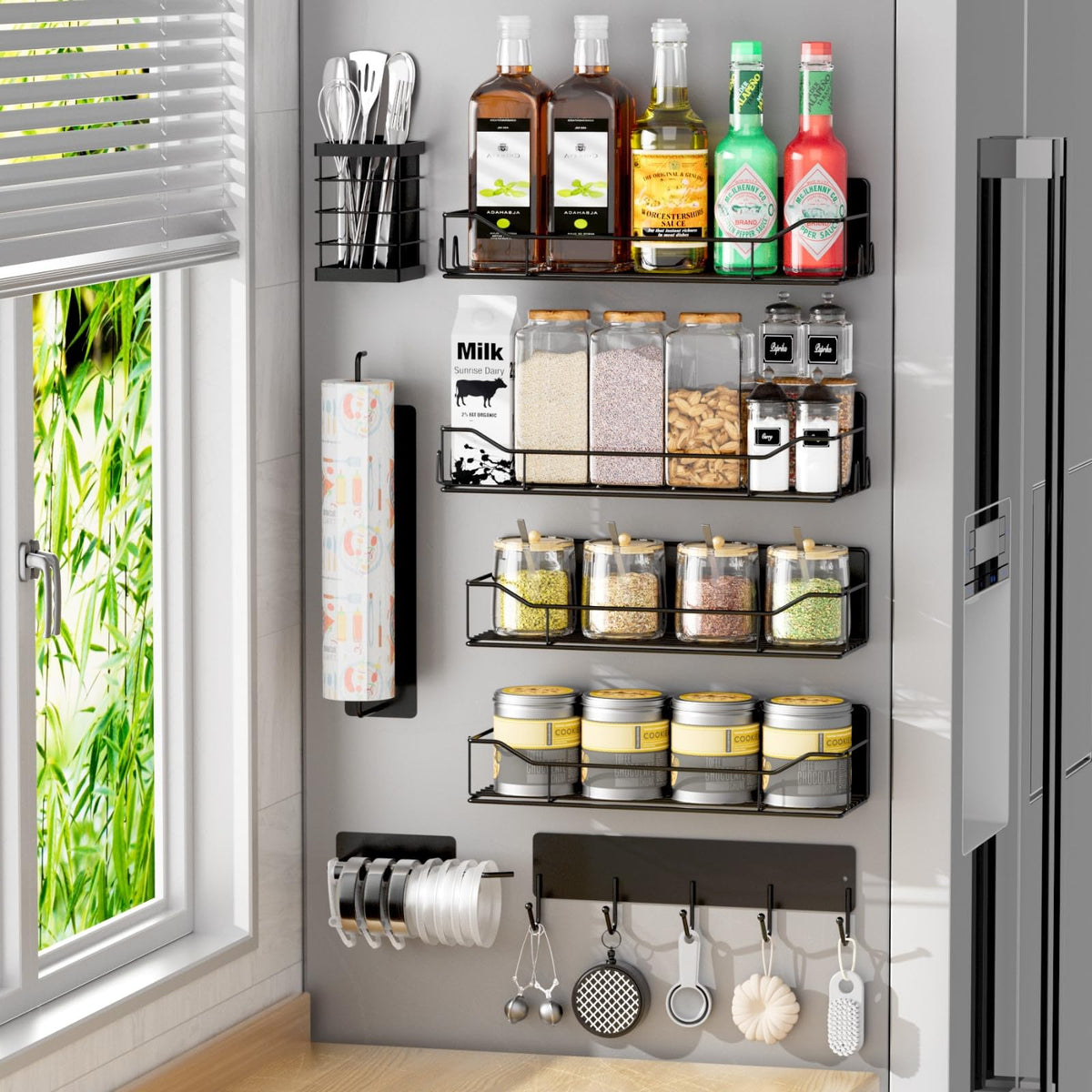 IYEBAU ensemble 8 pièces fixé au réfrigérateur pour organiser épices et accessoires