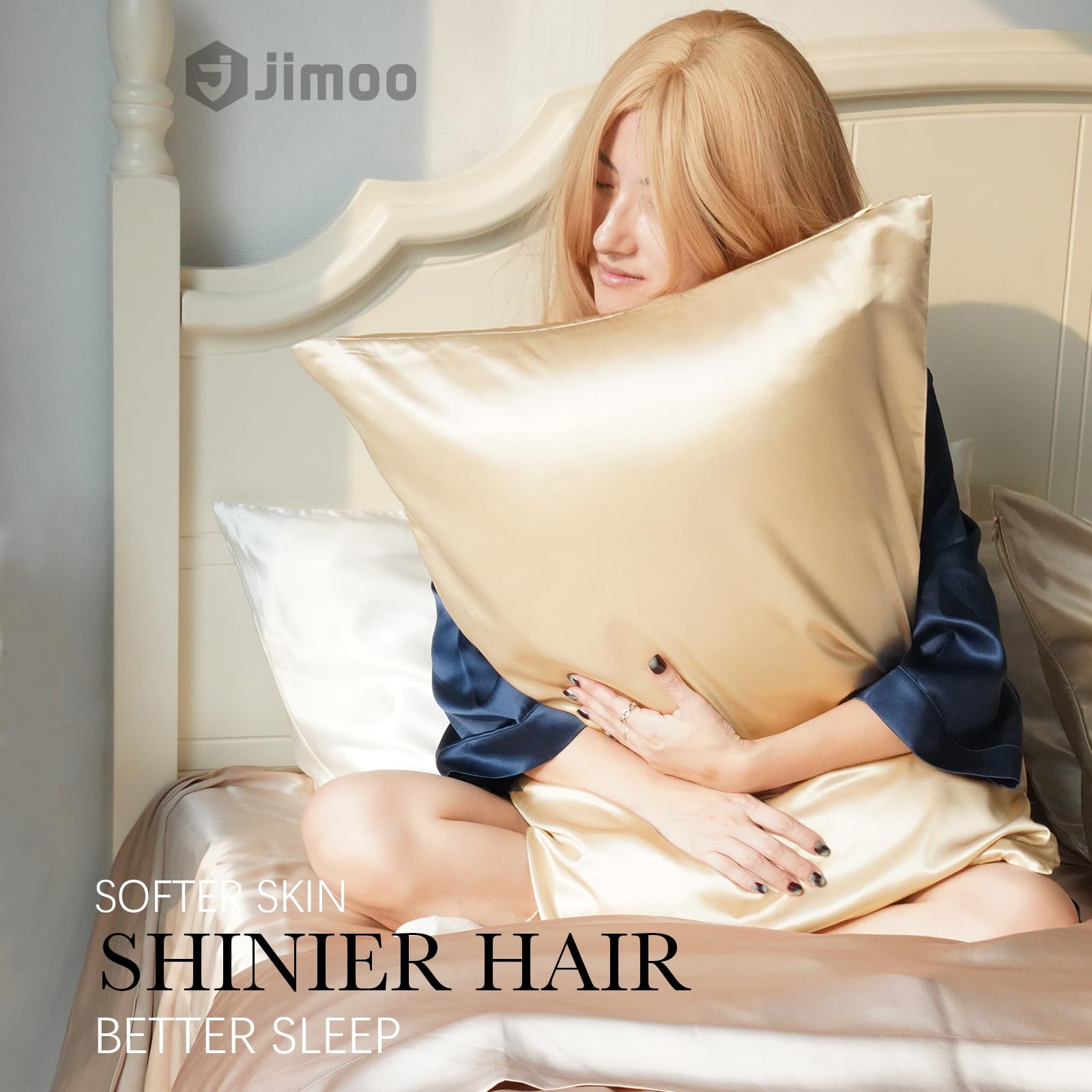 J JIMOO gros plan matière soie 22 momme douceur et texture protectrice