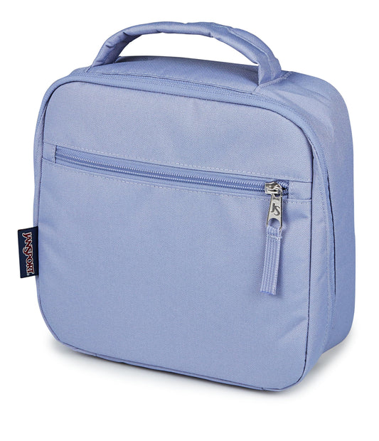 JanSport ouverture à plat montrant la fermeture anglée et le plateau pratique