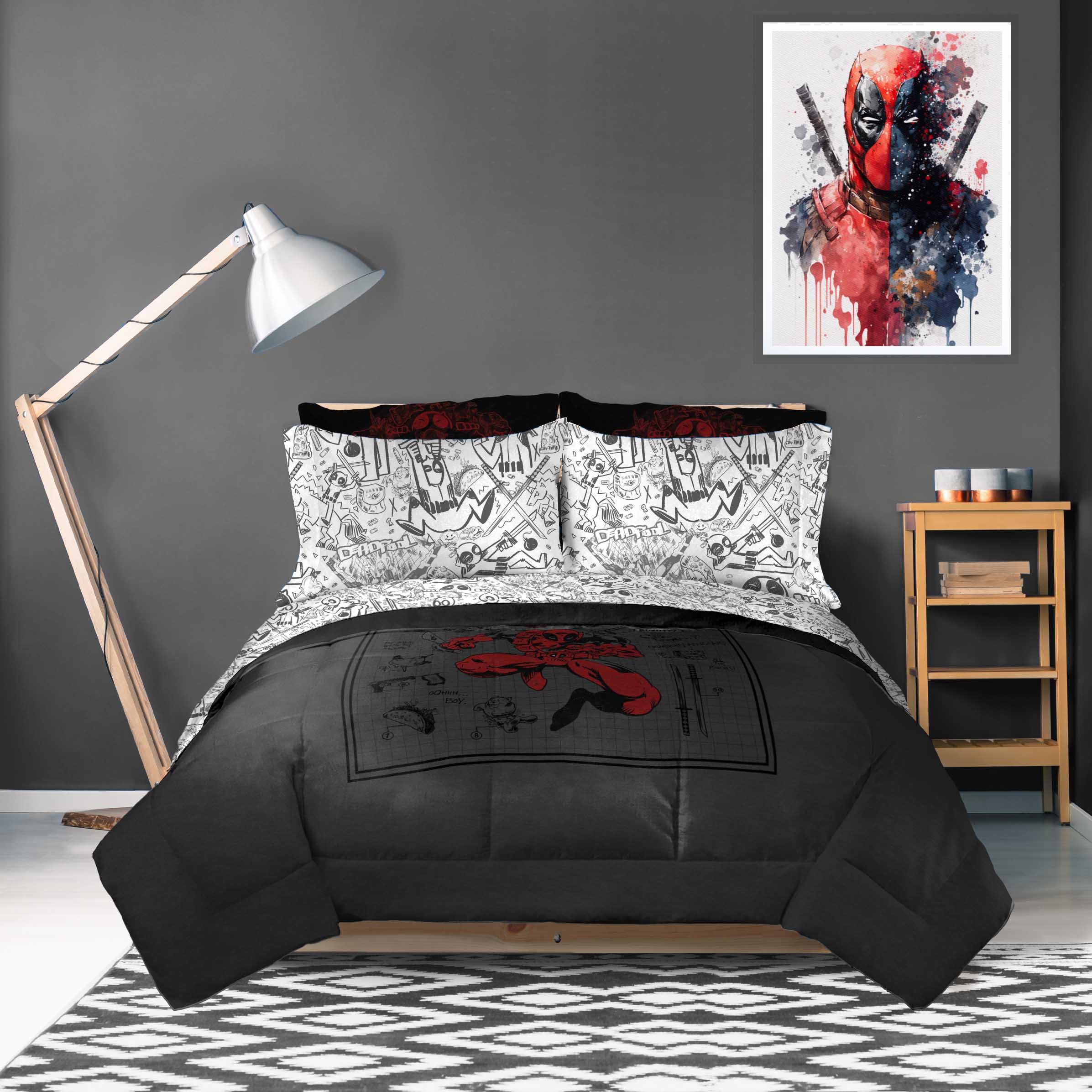Jay Franco Deadpool ensemble de draps montrant l'ajustement précis
