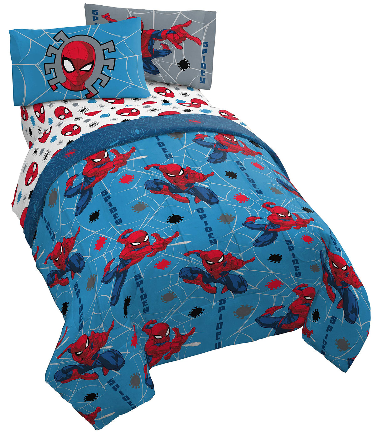 Jay Franco face de couette Spider-Man bleu montrant motif officiel et ambiance fun