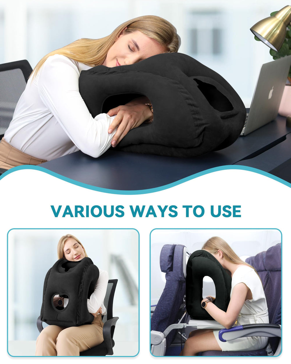 JefDiee coussin en usage sur tablette d'avion pour repos confortable