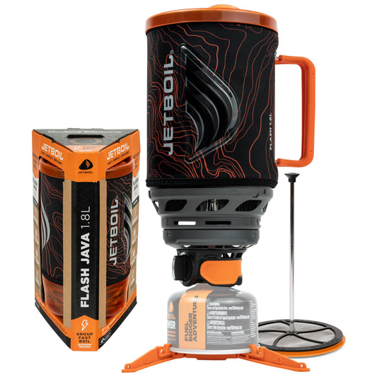 Jetboil Flash Java face orange montrant l’ensemble compact et gain de place