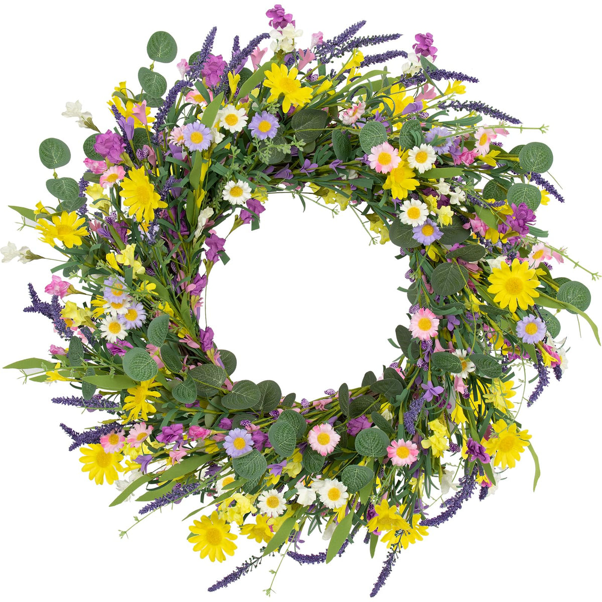 J'FLORU couronne face porte montrant marguerites et lavande, apporte accueil coloré