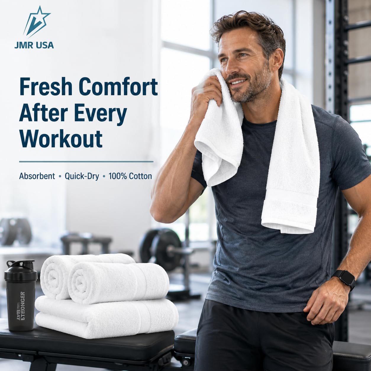 Jmr Usa Inc serviette tenue par une main montrant échelle et portabilité