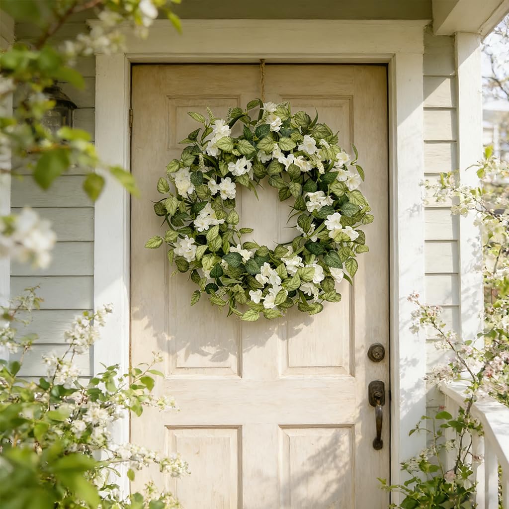 Jobflower couronne vue de face sur porte, apporte accueil élégant