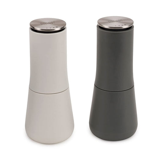 Joseph Joseph vue avant du duo moulin blanc et gris foncé, design élégant et stable