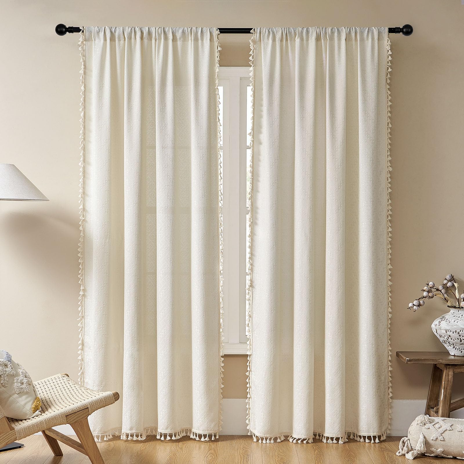 Joydeco rideau face packaging beige montrant l'ensemble et la largeur