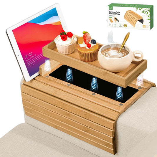 Joy&Grace vue avant du plateau accoudoir en bambou pour organisation pratique