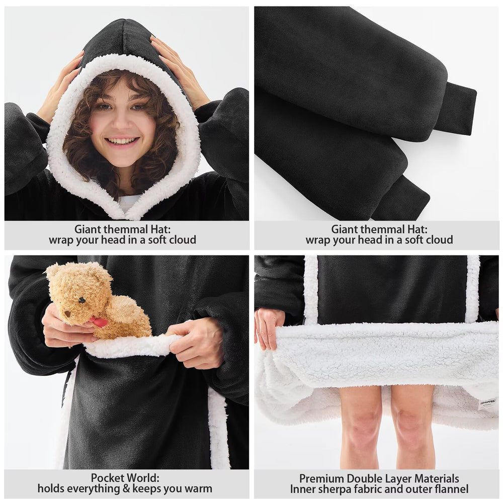 JOYWOO personne sur canapé portant la hoodie couverture, ambiance cocooning familiale