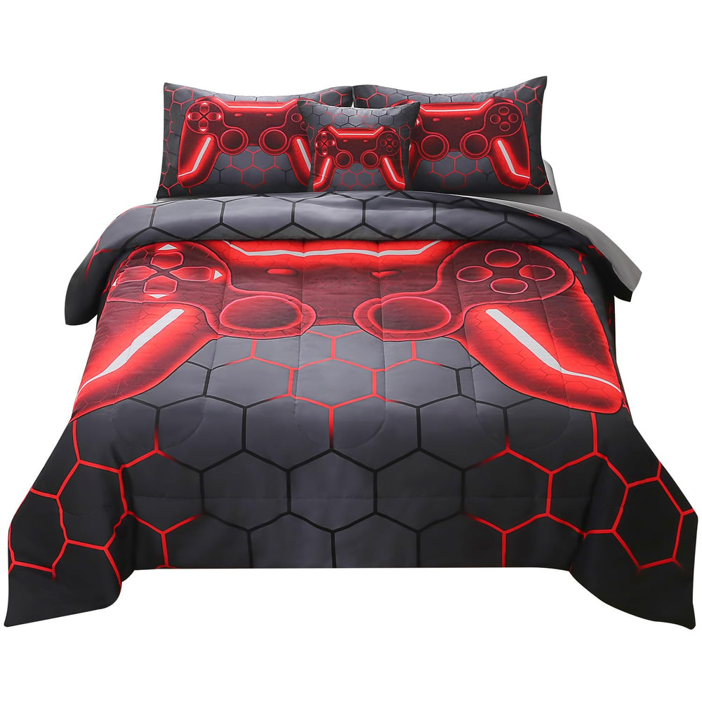 JQinHome vue frontale ensemble sur lit twin, décor gamer immersif