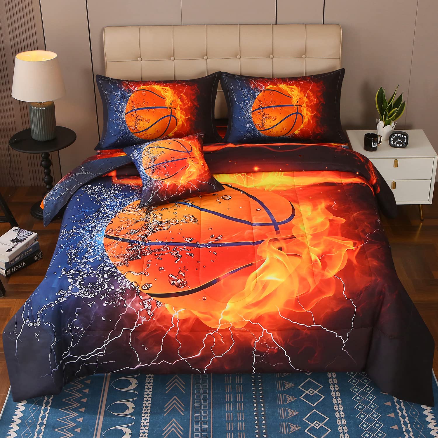 JQinHome gros plan du motif basketball enflammé pour impact visuel