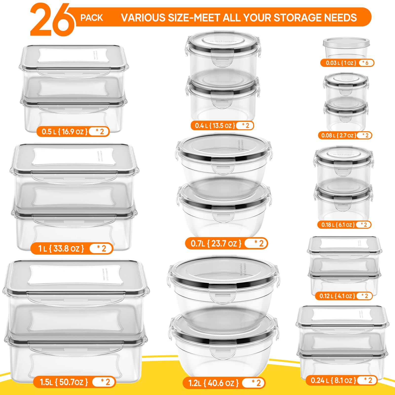 JSCARES gros plan sur un contenant rectangulaire 50,7 oz montrant capacité et fermeture hermétique