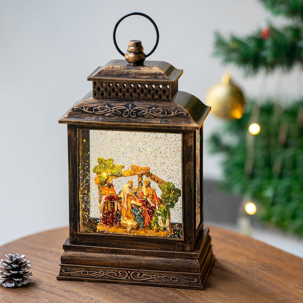 Json lanterne face avant montrant la scène de crèche, apporte une décoration festive