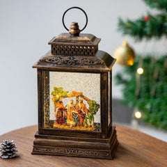 Json lanterne face avant montrant la scène de crèche, apporte une décoration festive