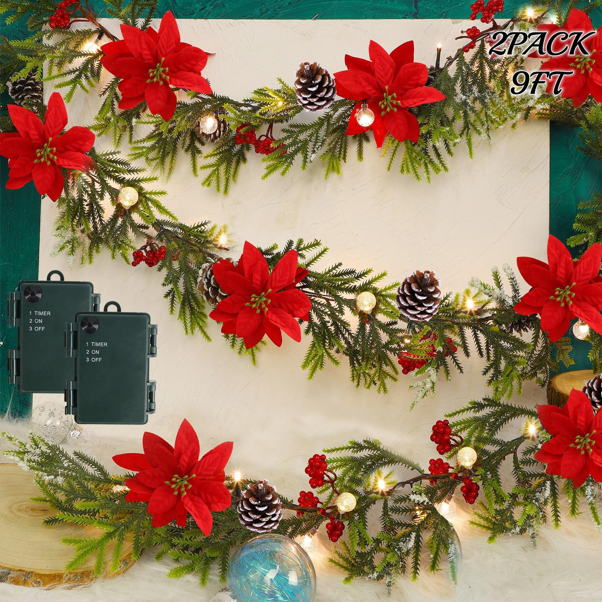 Juegoal guirlande face avant montrant poinsettias et baies pour une déco festive