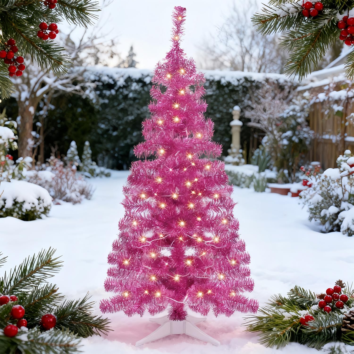 Juegoal sapin rose décoré dans un salon, crée une ambiance cosy