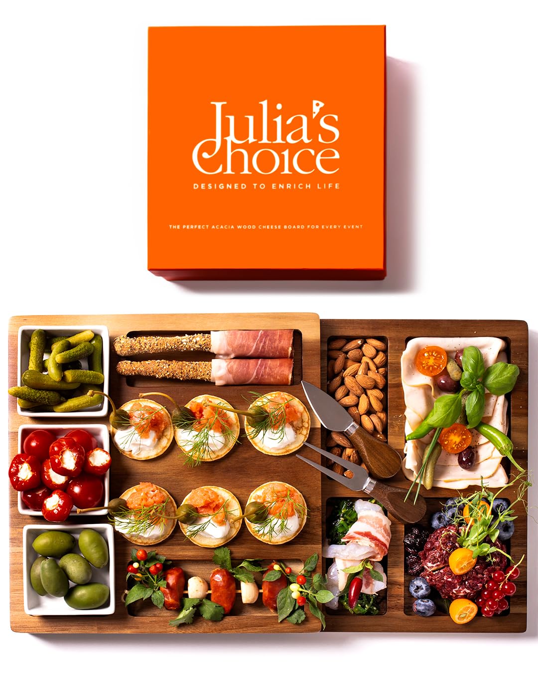 Julia's Choice plateau face montrant fini acacia et élégance pratique