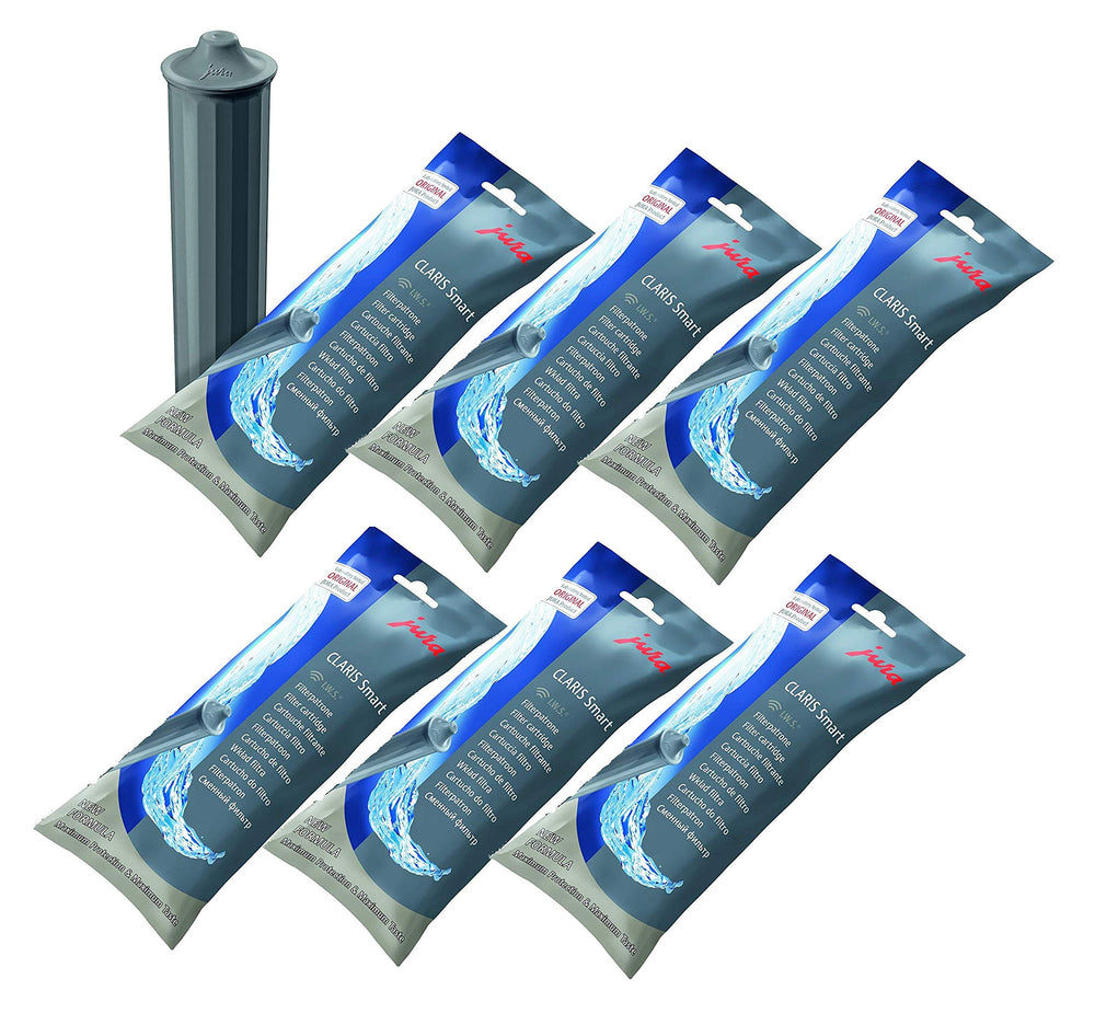 Jura CLARIS Smart emballage avant montrant six filtres et authenticité, protection optimale