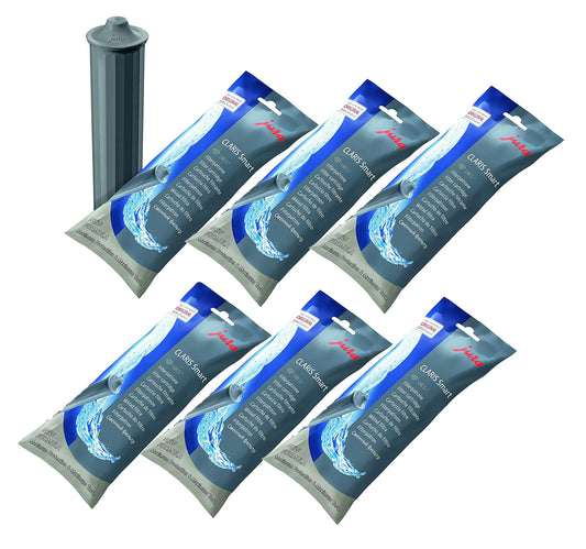 Jura CLARIS Smart emballage avant montrant six filtres et authenticité, protection optimale