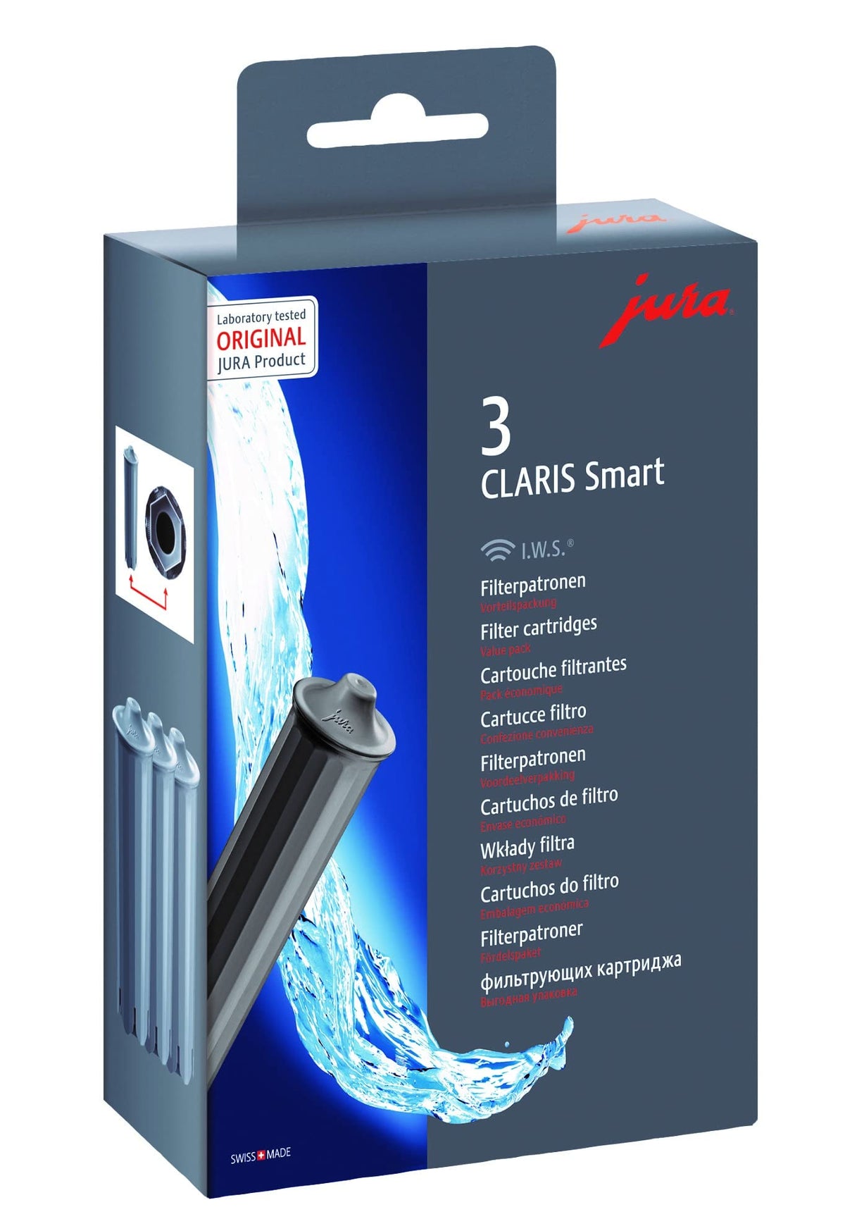 Jura Claris Smart face avant du paquet montrant le lot de trois et l'étiquette pratique
