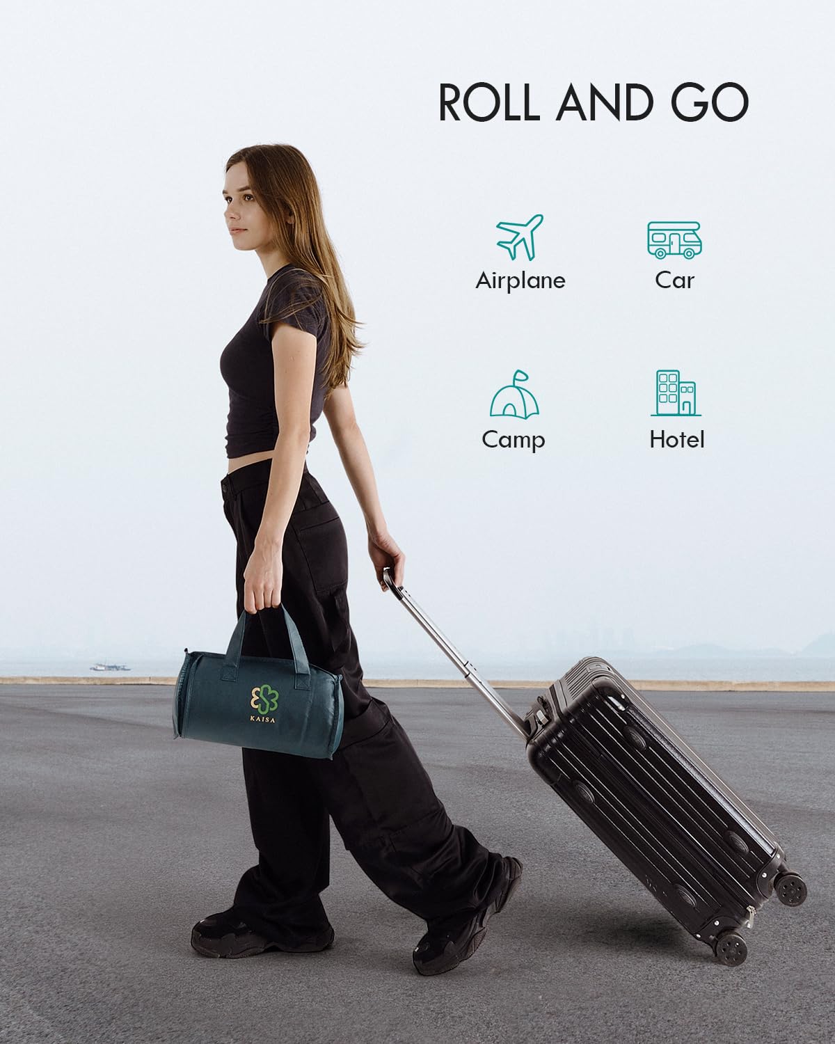 Kaisa couverture roulée dans son sac de transport, facile à emporter