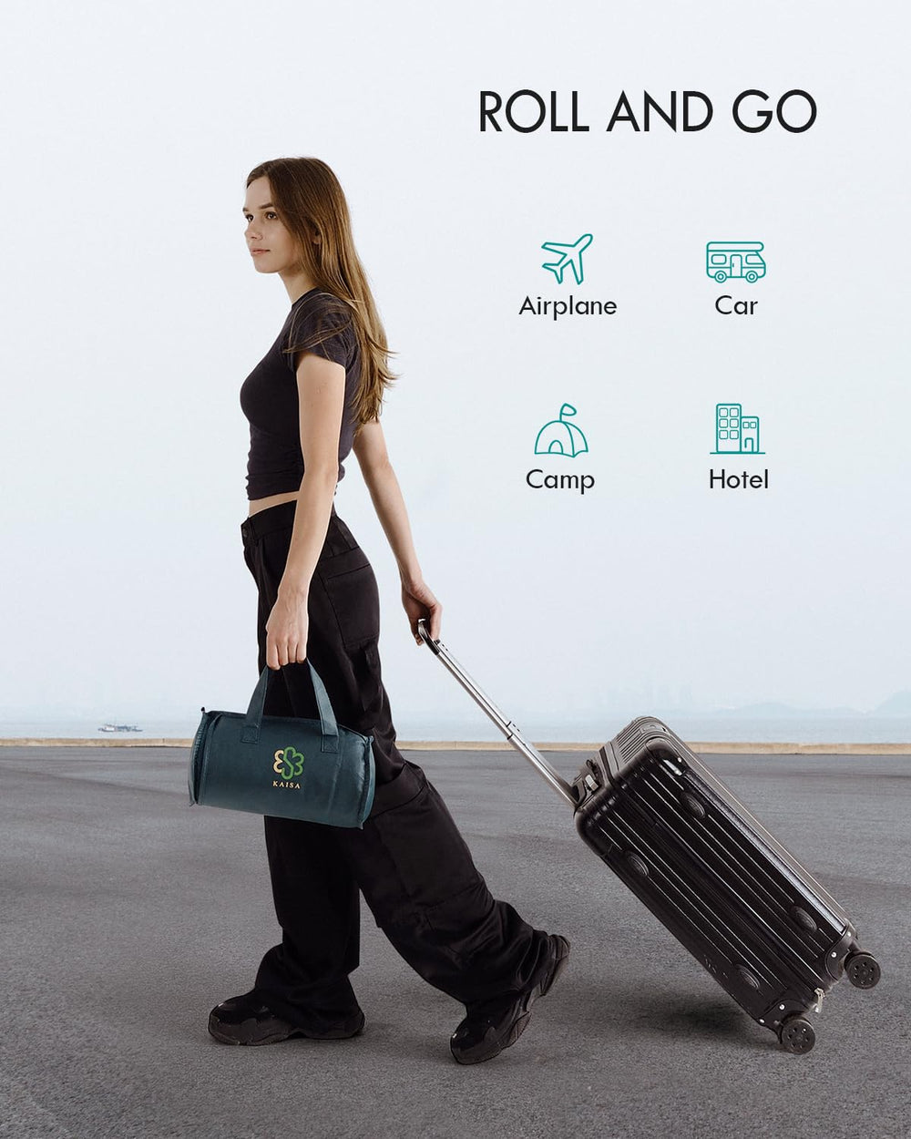 Kaisa couverture roulée dans son sac de transport, facile à emporter