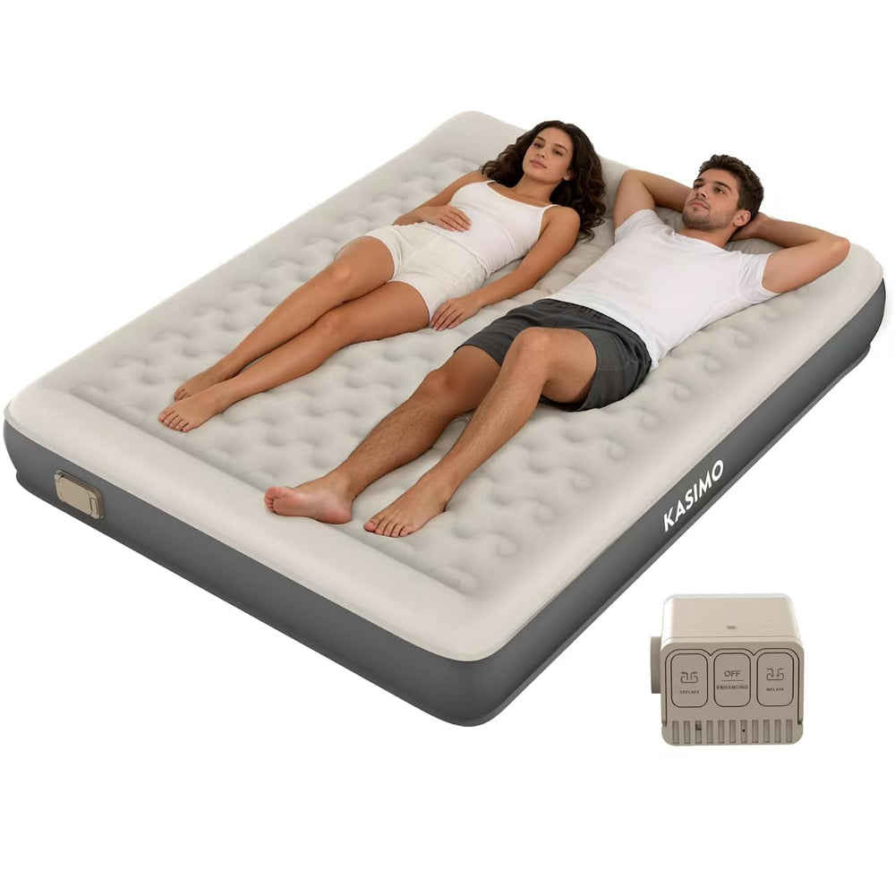 KASIMO matelas Queen face avant montrant forme et oreiller intégré, confort instantané