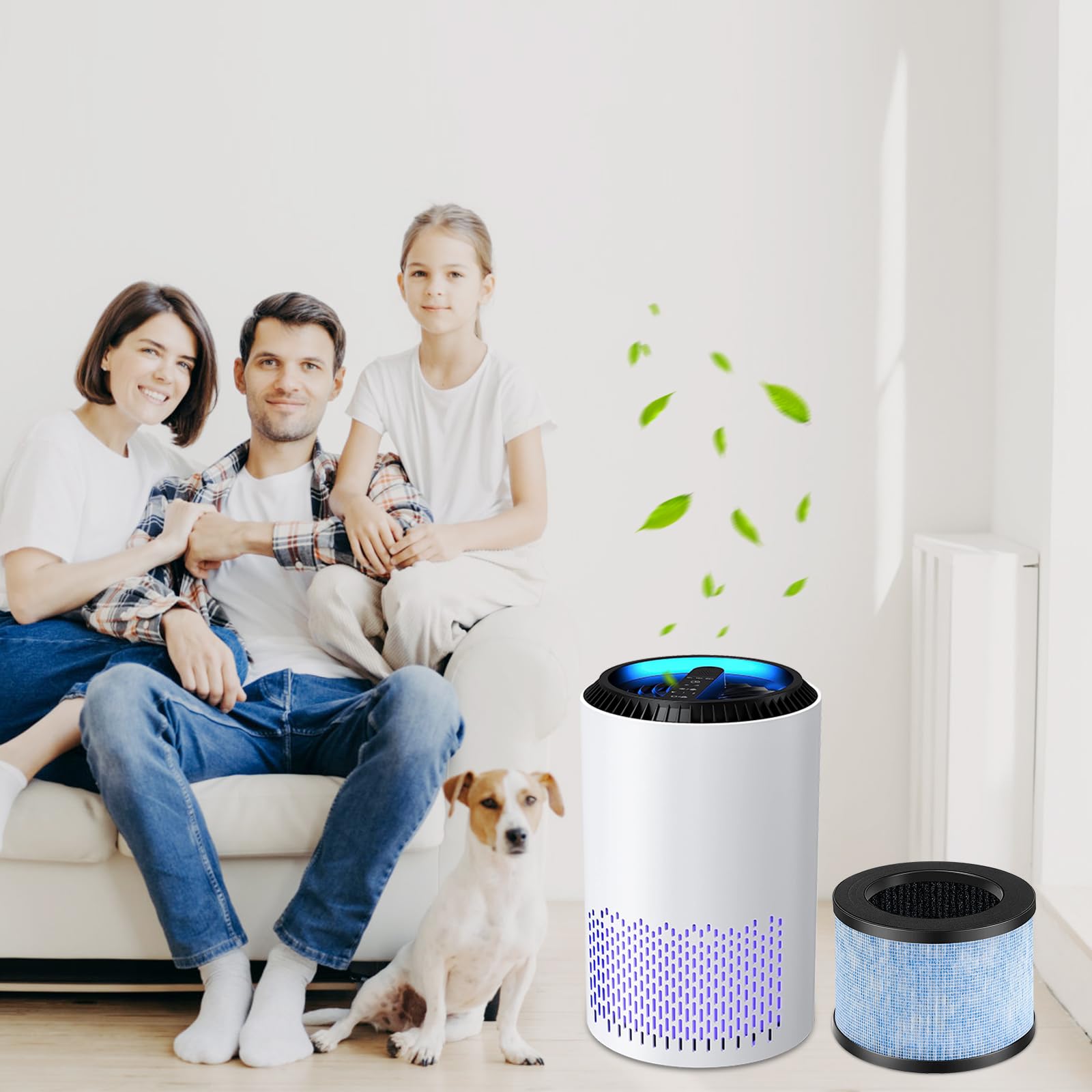 Katerelis lifestyle salon avec purificateur montrant air intérieur plus sain