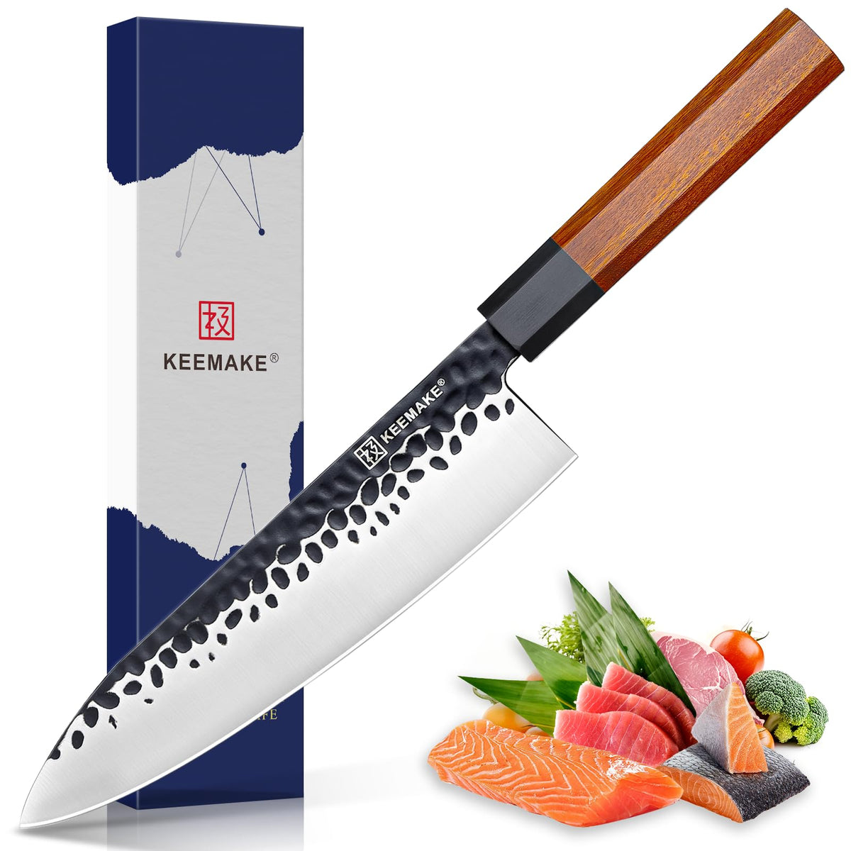 KEEMAKE vue de face du couteau de chef montrant le design et équilibre