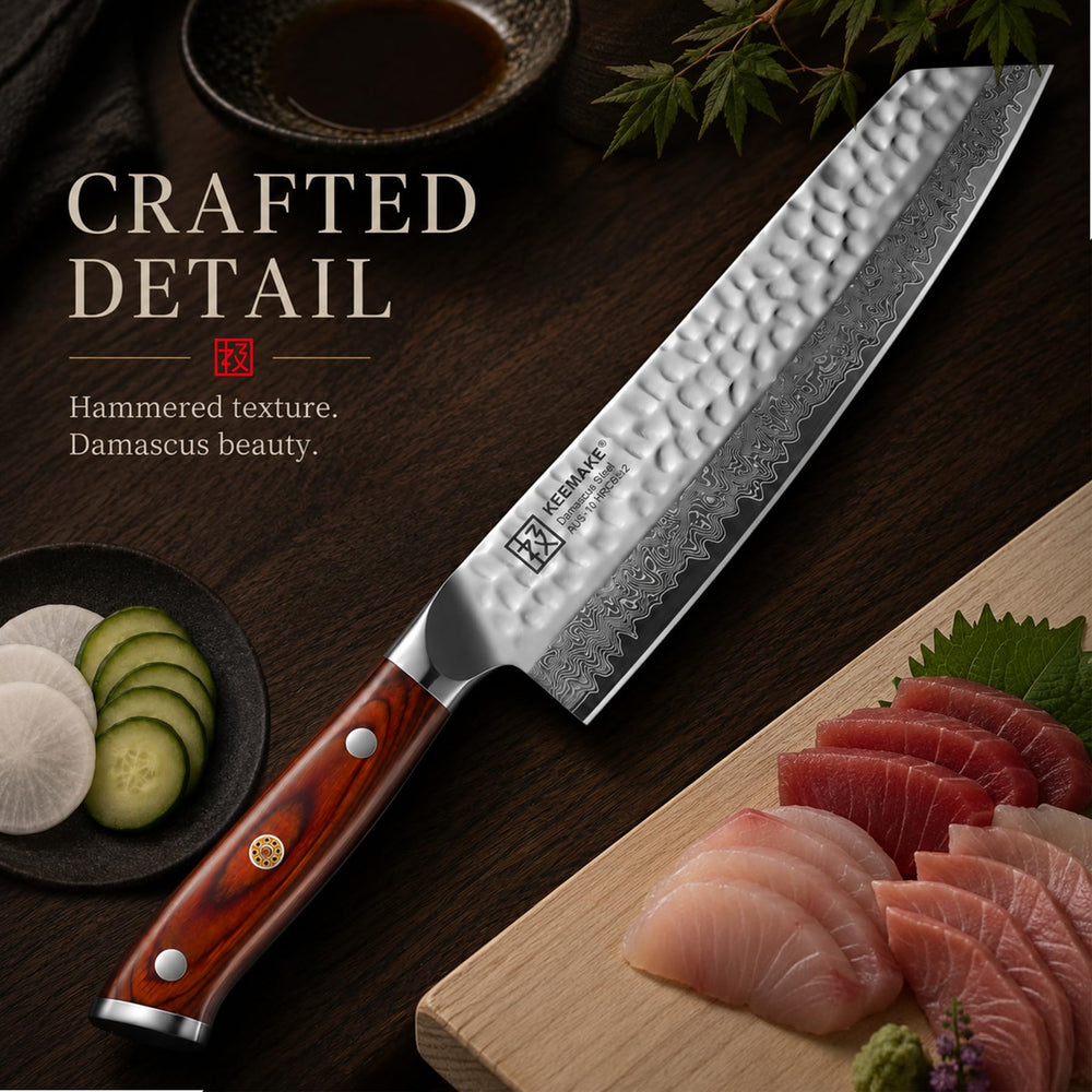 KEEMAKE comparaison d'échelle avec assiette montrant la taille réelle du couteau