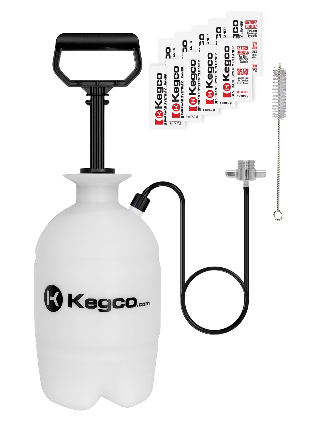 Kegco kit de nettoyage face montrant bouteille pressurisée et accessoires, entretien facile