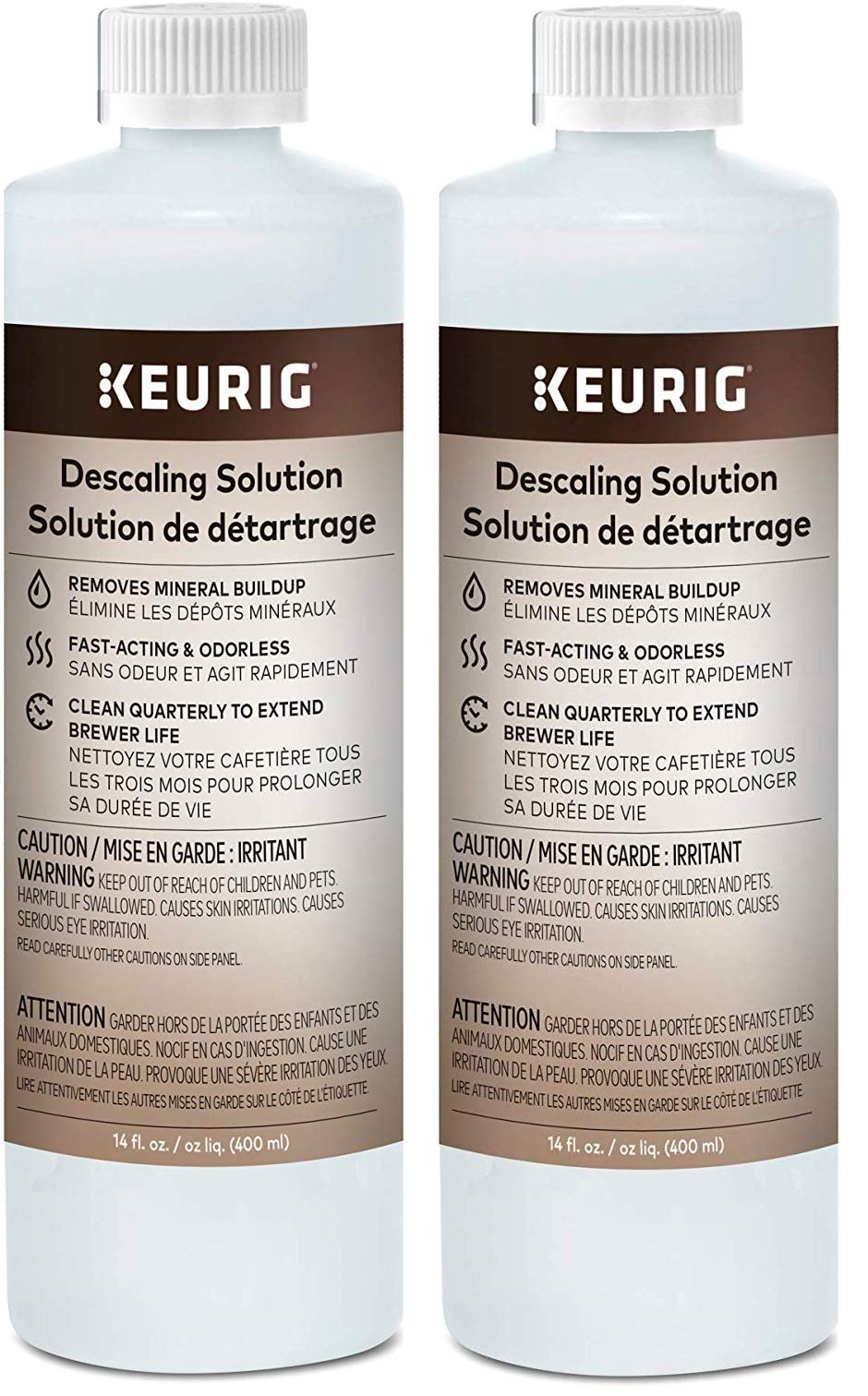Keurig bouteille face avant montrant l'étiquette et entretien efficace